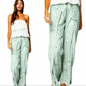 Young Fabulous & Broke Mint Green Embroidered Eyelet Wide Leg Geneva Pants (XS )